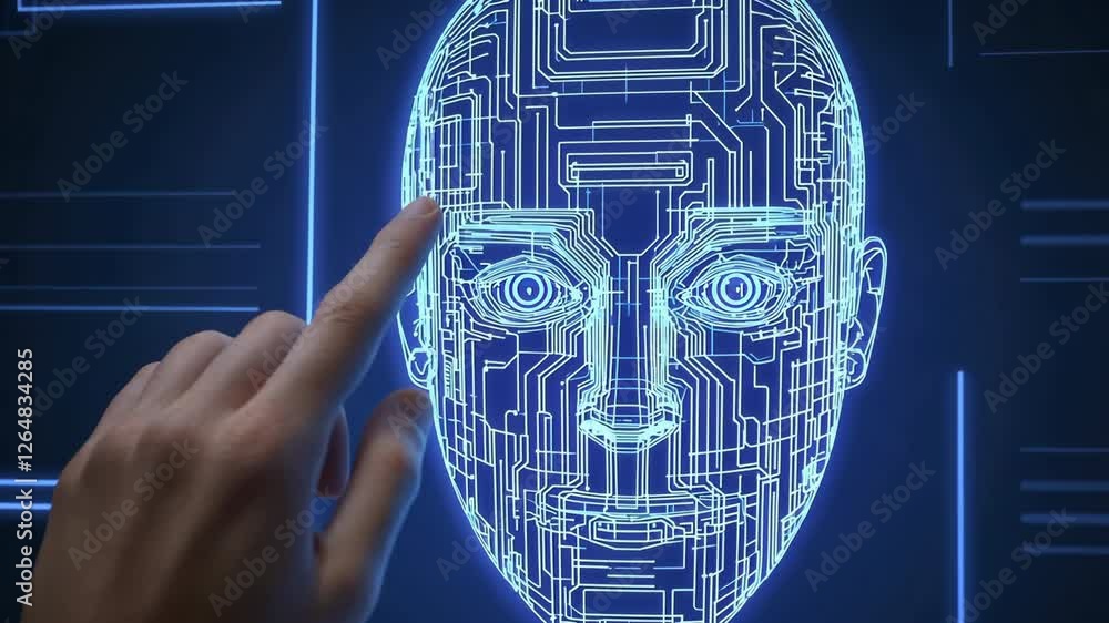 Poster hand interacts with digital face circuit patterns symbolizing artificial intelligence and technology