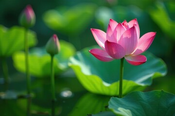 Obraz premium Serene pink lotus flower in bloom surrounded by lush green foliage, bathed in soft sunlight, creating a tranquil and peaceful scene.