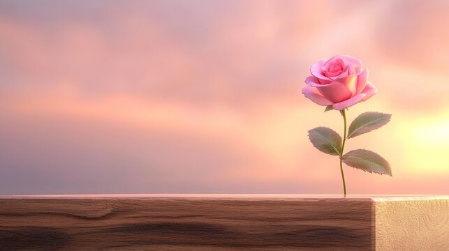 Delicate Pink Rose on Wooden Surface Against a Soft Sunset Background