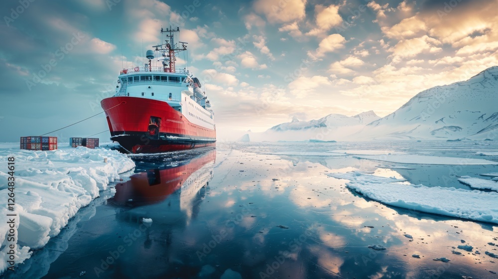 Poster A large ship rests in the icy waters, surrounded by floating icebergs and snow covered mountains. Soft clouds mirror on the calm water at twilight, creating a serene atmosphere.