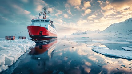 A large ship rests in the icy waters, surrounded by floating icebergs and snow covered mountains. Soft clouds mirror on the calm water at twilight, creating a serene atmosphere.