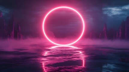 Surreal Pink Neon Circle Light Above Misty Water and Rock Formations Futuristic Landscape