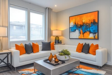Modern living room design featuring a white sofa, vibrant artwork, and stylish decor with natural light from large windows