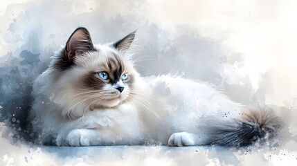 Serene Ragdoll Cat with Striking Blue Eyes Watercolor Style Portrait