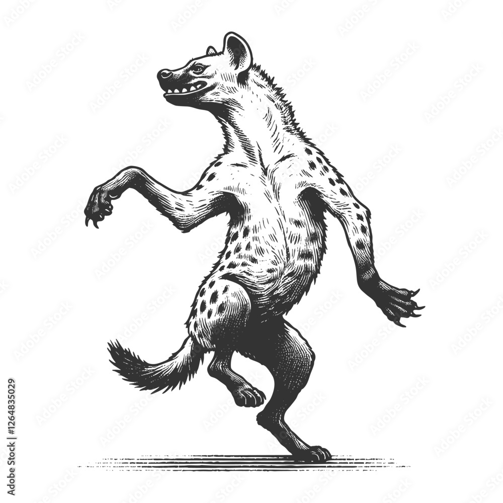 Poster hyena standing upright and dancing, featuring intricate line work in a vintage etching style sketch 