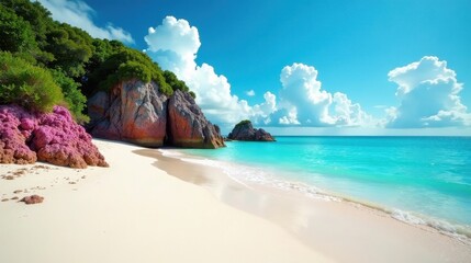 Obraz premium Serene Coastal Paradise Picturesque Beach with Lush Greenery and Colorful Rock Formations Under a Vivid Sky