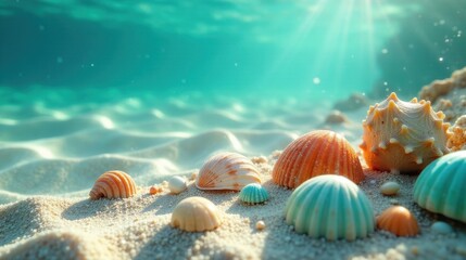 Seashells resting on a sunlit ocean floor, shallow underwater scene with sandy bottom