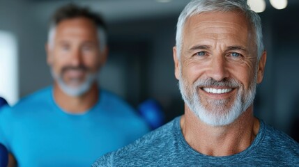Fototapeta premium Smiling senior man with gray hair and beard lifting blue dumbbells while embracing a healthy active and empowered lifestyle He exudes confidence determination
