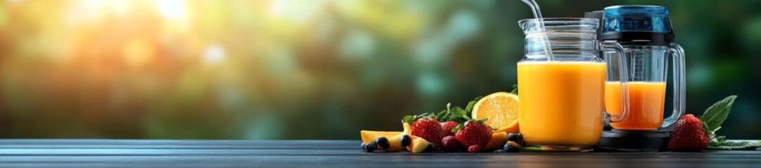 Fototapeta premium Fresh fruit juice with berries and orange slices in the morning sun. Generative AI