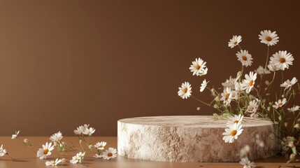 Rustic wooden platform with blooming daisies on a warm background