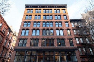 Fototapeta premium Low angle of a brownstone apartment building in an urban setting for real estate
