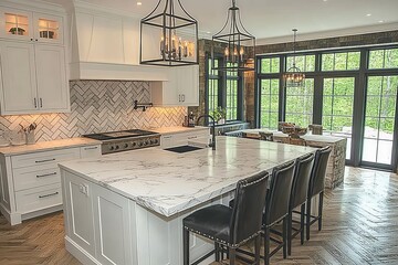 Modern kitchen with marble island and large windows overlooking greenery in bright daylight