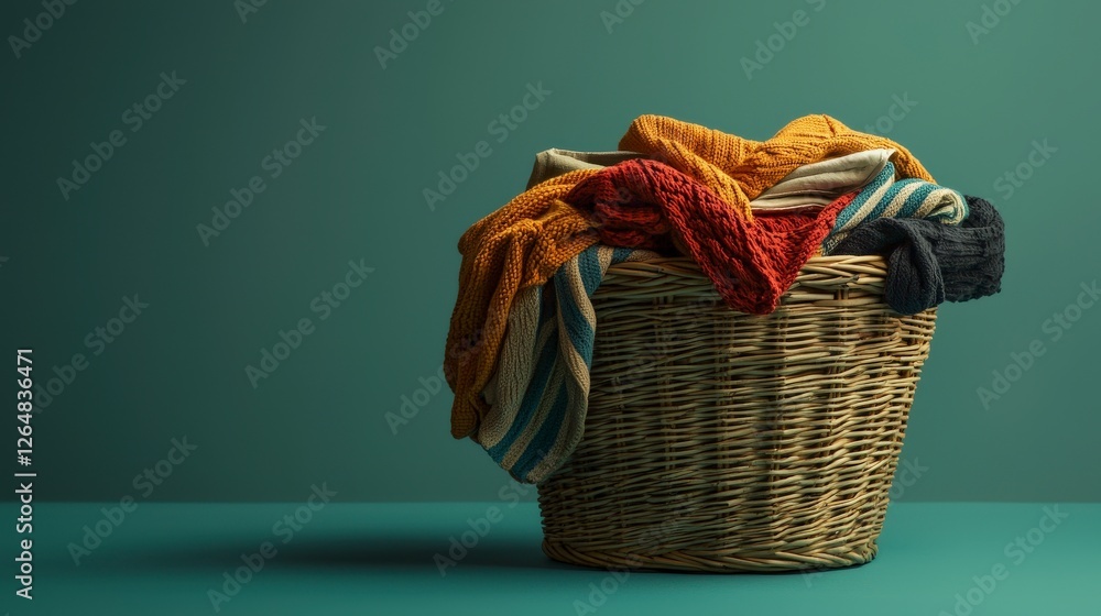 Poster a woven basket filled with a delightful mess of colorful textiles, inviting warmth and comfort into 