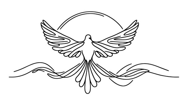 dove with outstretched wings and sun in stylized line art