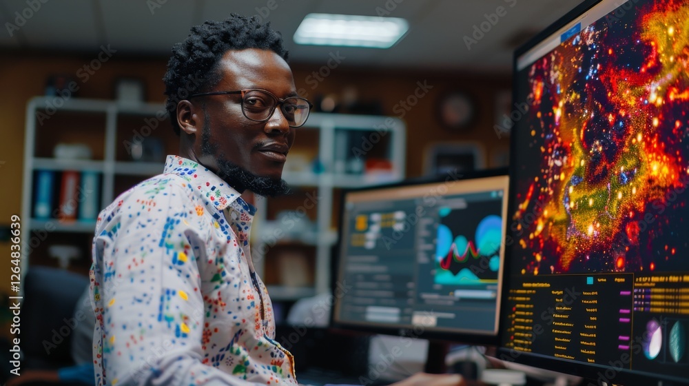 Poster A focused data analyst is sitting in a modern office, analyzing colorful data visualizations on large monitors while wearing glasses and a patterned shirt.