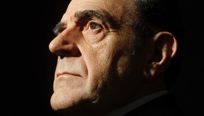 Obraz premium Focused elderly man with deep shadows, portrait for aging, strength concepts