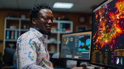 A focused data analyst is sitting in a modern office, analyzing colorful data visualizations on large monitors while wearing glasses and a patterned shirt.