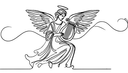 angel with wings playing harp in stylized line art