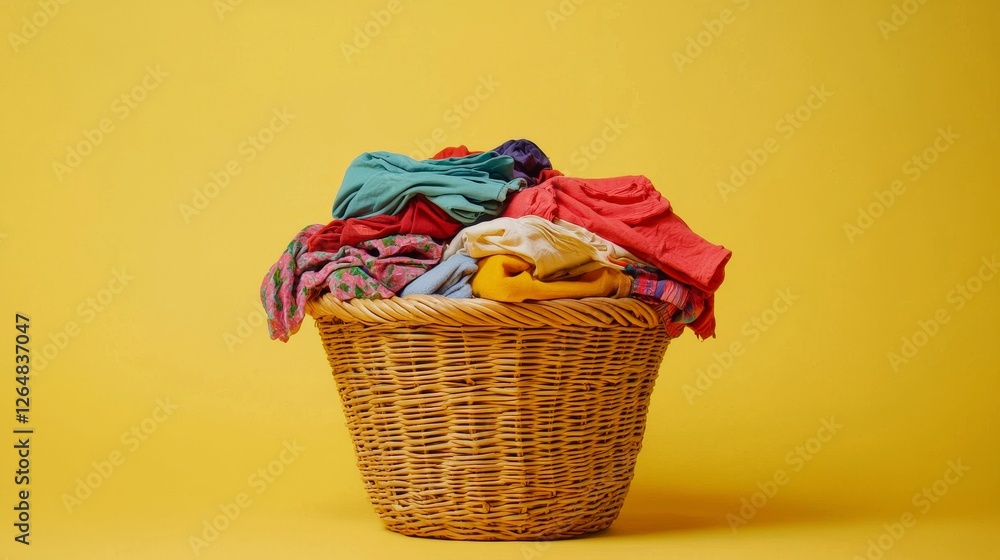 Poster this vibrant image features a woven basket overflowing with an array of colorful clothes, symbolizin
