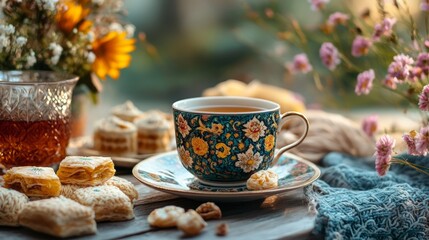 Persian table with decorative cup of saffron tea and traditional baklava and qottab sweets, flowers. Nowruz celebrations