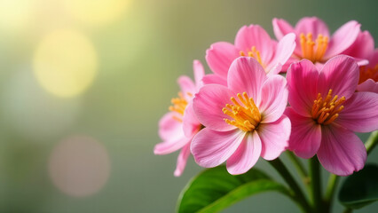 Fototapeta premium A bouquet of delicate, pink flowers on a plain background. The concept of a postcard for the spring holidays. Free space for text.
