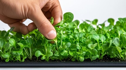 Hand picking fresh green sprouts from a tray of microgreens. Generative AI