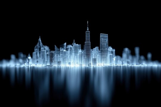 Cityscape hologram on black reflects on surface for future city planning concepts