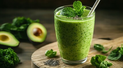 Fototapeta premium A healthy drink, perfect for detox, a green smoothie with fresh ingredients, healthy lifestyle