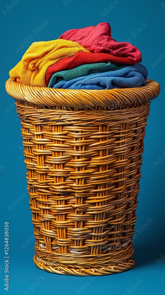 Poster an inviting image of a woven basket filled with colorful folded towels, representing practicality an