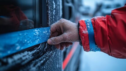 Winter Scene with Frosty Hand Sealing Car Window. Generative AI