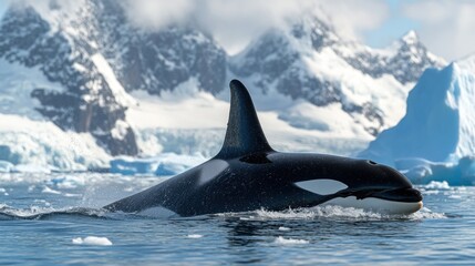 Naklejka premium A black orca swimming through icy Arctic waters, with icebergs and snow-covered mountains in the background. The orca is breaching the surface, its dorsal fin cutting through the water. 