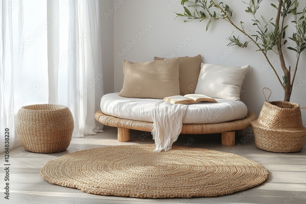 Poster cozy and minimalistic interior featuring natural materials with a reading nook and soft textures in 
