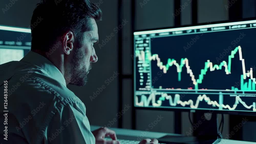 Poster montage showcasing a financial analyst diligently observing stock market trends on multiple computer