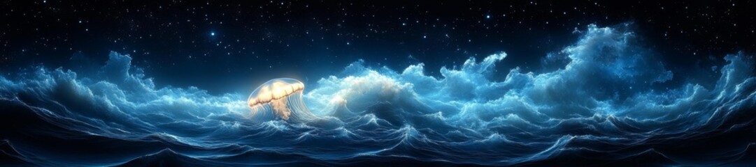 Fototapeta premium Majestic Jellyfish Floating Amongst Waves and Stars in a Dreamlike Ocean Scene. Generative AI