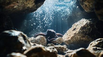 Obraz premium A black octopus hiding in a rocky cave underwater, with soft light and bubbles around. The octopus is changing its color to blend in, its tentacles curled around the rocks. 