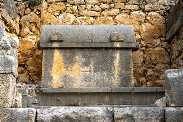 Remains of gymnasium in acnient Lycian city Arycanda. Ancient city on mountain near Aykiricay village.Well preserved semi-circular theater of Arycanda, ancient Lycian city in Antalya, Turkey.
