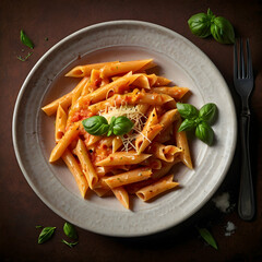 A serving of Penne alla Vodka pasta is isolated on a white or transparent background, showcasing the rich, creamy pink tomato sauce coating the penne. The dish is garnished with a touch of grated.