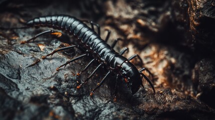 Fototapeta premium A black centipede crawling on a damp cave wall, with soft light and shadows around. The centipede is moving quickly, its many legs working in unison. 