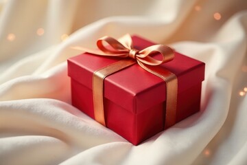 Obraz premium A crimson gift box adorned with a delicate copper ribbon, resting gently on a creamy fabric, evokes feelings of anticipation and joy.