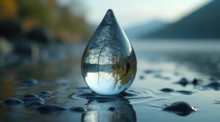 Fototapeta premium Transparent Glass Teardrop Reflecting Environment