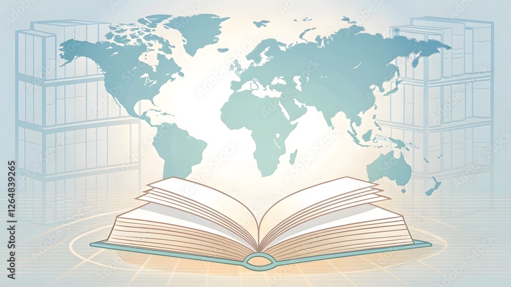 Poster exploring knowledge through an open book global awareness digital illustration educational environme