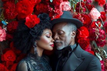 Valentine's day, affectionate couple: impressive bold image of loving black midlife lovers. Commercial ad visual idea. Sign of love and affection. Emotional love. Couple posing. Couple art.