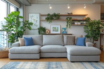 Cozy gray sectional sofa in modern living room with greenery and decor accents