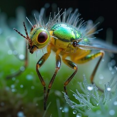 Vibrant insect with green and yellow body and large eyes.. AI generation