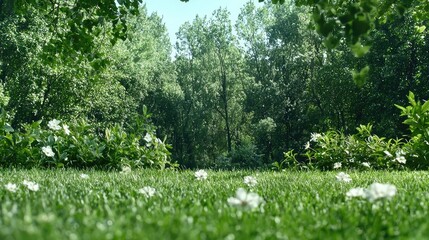 Lush green forest meadow with flowers