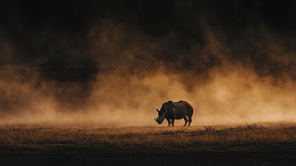 Naklejka premium A massive black rhinoceros standing in a dusty, sun-scorched plain, with dry grass and distant acacia trees. The rhino is grazing, with dust kicked up around its feet. 