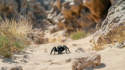 A black tarantula crawling across the hot sand of a desert, with rocky outcrops and sparse vegetation. The tarantula is pausing to clean its legs, its hairy body glistening.