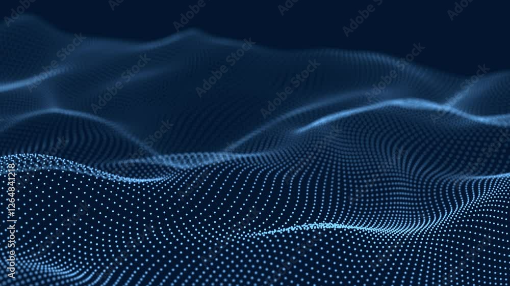 Poster Dynamic wave of glowing particles. Digital technology background. 3d rendering. Seamless loop. 4k	