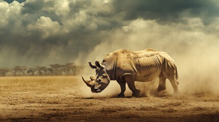 Fototapeta premium A massive black rhinoceros standing in a dusty, sun-scorched plain, with dry grass and distant acacia trees. The rhino is grazing, with dust kicked up around its feet.