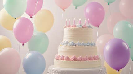 A birthday setup with a white background, a large multi-tiered cake, and pastel-colored balloons floating around the cake